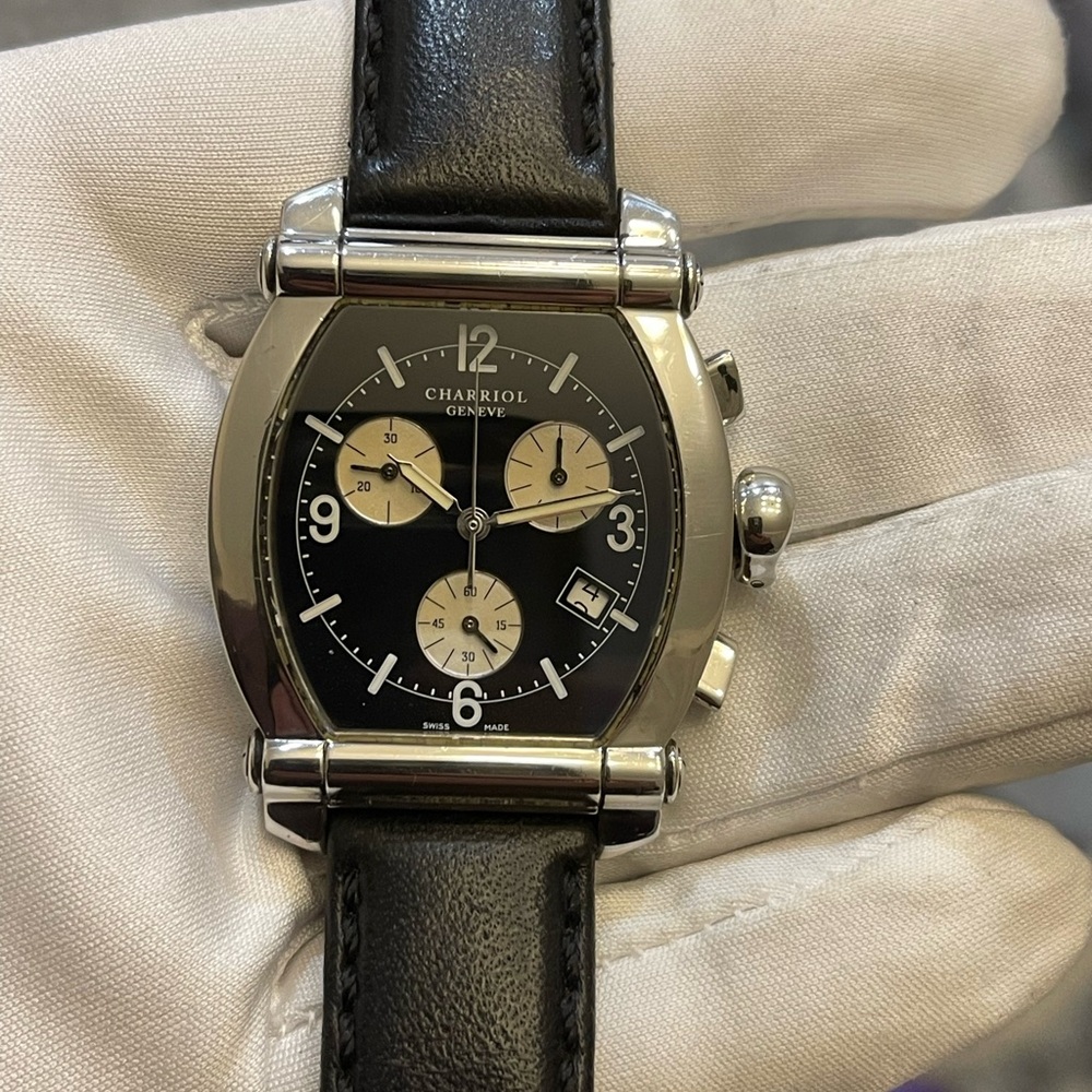 CHARRIOL COLYMBYS® Chrono Black Leather Stainless Steel Quartz Men's Watch 060T - Picture 4 of 16